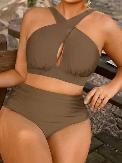 Swim Vcay Conjunto de bikini de 2 piezas para mujer de talla grande con diseño hueco cruzado de unicolor en la parte superior y Bottom triangular de cintura alta, de moda sexy para resort