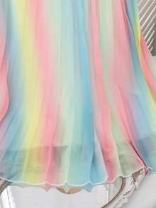 Girls' Chiffon Rainbow Print Cutout Neck Cap Sleeve A-Line Dress, Playful & Elegant, Suitable For Beach, Daily, Party Occasions - Multicolor - View 7