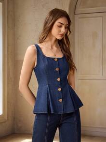 SHEIN Tall 女士方领金属单排扣褶裥下摆无袖牛仔上衣 - 深色水洗藍 - 查看 4