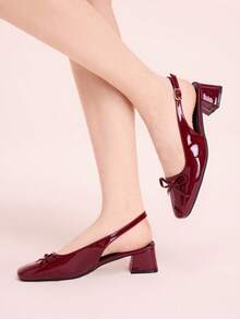 CUCCOO DOLLMOD Women's New Bow Backless Patent Leather Square Toe Chunky High Heel Pumps, Elegant & Fashionable, Wine Red Valentine's Day - Burgundy - View 3