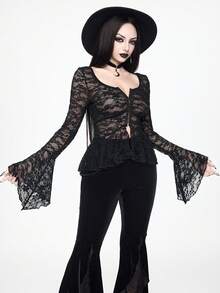 ROMWE Gothic Spider Web Lace Sheer Fitted Women Blouse - Black - View 9