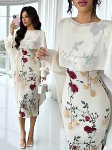 Rafferiza Women's Elegant Fashion Lace Midi Dress With Embroidery, Waist Cinching, Suitable For Outings And Dates, Spring/Summer - Apricot - View 1