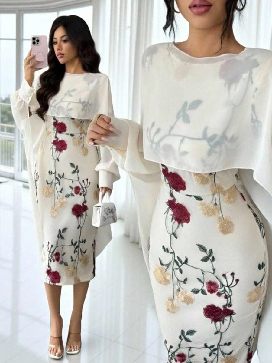 Rafferiza Women's Elegant Fashion Lace Midi Dress With Embroidery, Waist Cinching, Suitable For Outings And Dates, Spring/Summer - Apricot - View 1