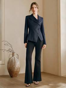 Anewsta Spring/Summer New Fashionable Asymmetrical Lapel Long Sleeve Fitted Women Blazer - Navy Blue - View 6