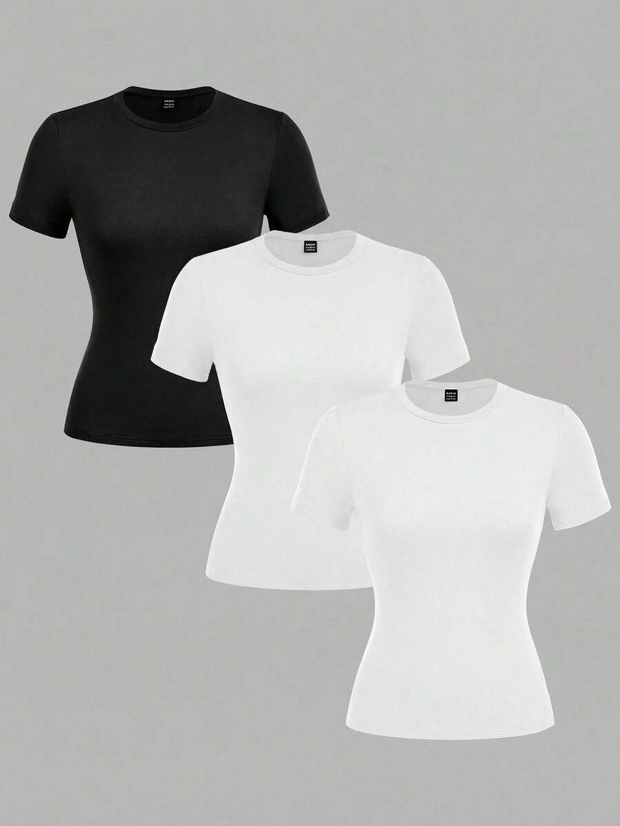 SHEIN EZwear 3pcs Women Casual Crew Neck Bodycon Long Sleeve T-Shirt Set - Multicolor - View 1