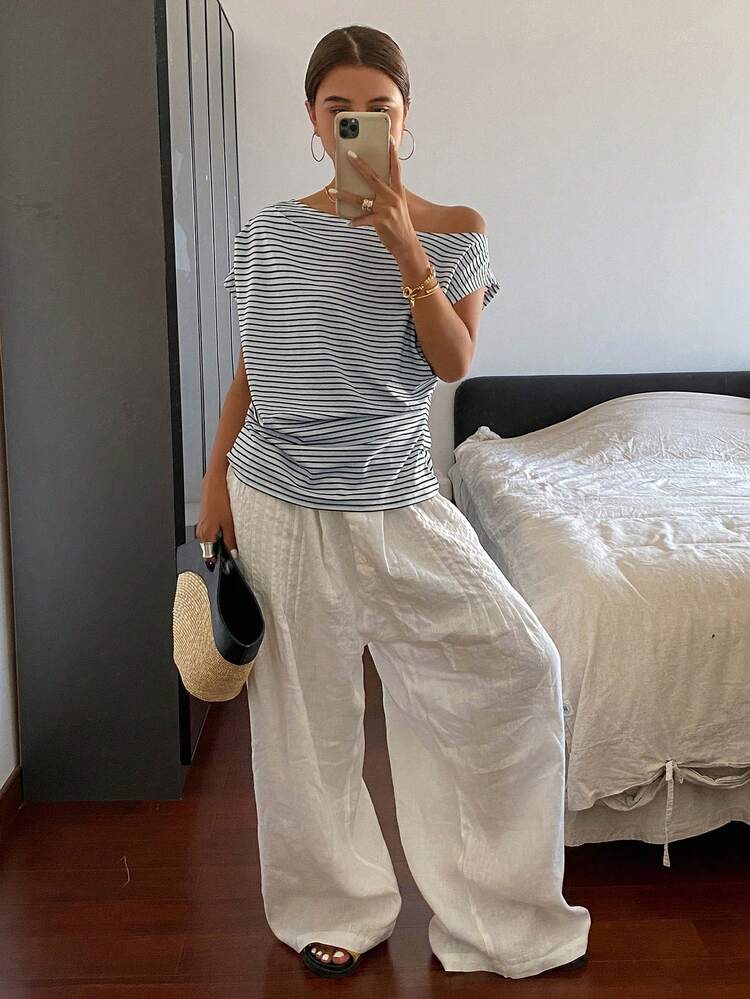 Striped Open Shoulder Ruched Body Short Sleeve T-Shirt For Women,Fall Clothes Preppy Tops