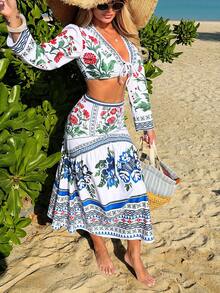 Swim Chiccia 2026 New Women's Summer Beach Vacation Elegant Long Sleeve T-Shirt With Drawstring Ruched Floral Print Skirt Loose Coverup 2-Piece Set - Multicolor - View 4