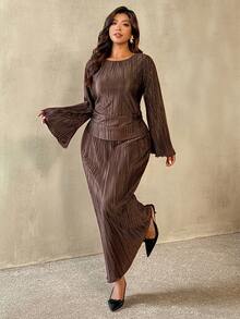 Auralis Plus Size Women Pleated Round Neck Flare Sleeve Top And Midi Skirt Elegant 2-Piece Set Pleated Skirt Set Brown Two Piece Set Women Modest Two Piece Set Elegant Casual Two Piece Set Spring Outfit For Women, Spring Set For Women - Brown - View 2