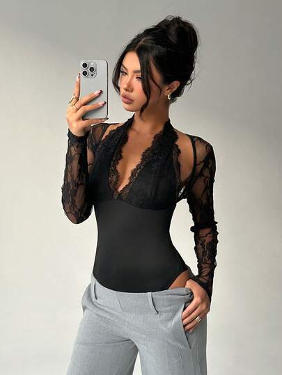 Aloruh 1pc Elegant Sexy Black Lace Halter Bodysuit For Women,Women's New Romantic Elegant Alluring Sexy Lace Patchwork Tight Hollow Out Long Sleeve Bodysuit, Suitable For Date, Party, Outing,Black Top,Y2K,Music Festival Concert,Commuting