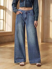 Selenza 女士带口袋纽扣休闲百搭日常穿着阔腿牛仔裤 - 藍色 - 查看 3