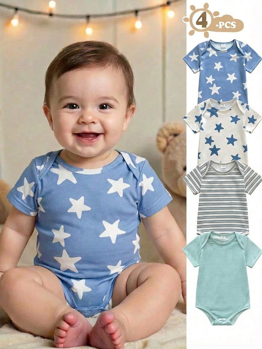 SHEIN Vintaside Kids 4pcs/Set Baby Boy/Girl Cute Knitted Elastic Striped Short Sleeve Rompers, Basic Bodysuits, Spring/Summer - Multicolor - View 1