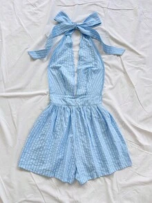 Soleia 女士休闲V领撞色条纹A字露背连体裤，适合派对、约会、显瘦、时尚、嘉年华、复活节、西部风情、邮轮、度假、下午茶、海滩、海岛度假村、公路旅行、婚礼季、音乐节、波西米亚风假期、沙滩装扮，可室内外穿着，适合所有季节。 - 藍白色 - 查看 2