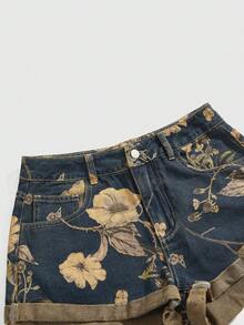 ROMWE 夏季新款中蓝色水洗牛仔Y2K街头风复古花卉印花侧袋时尚休闲柔软舒适女式牛仔短裤 - 中等水洗藍 - 查看 3