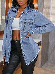 SHEIN PETITE Women's Casual Long Sleeve Denim Blouse - Light Wash - View 4