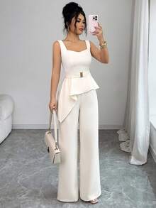 Elenzga Femmes Débardeur couleur unie à large bretelle, col carré décolleté en cœur, taille cintrée avec ceinture en canevas à boucle métallique réglable, ourlet asymétrique abricot + Pantalon droit taille haute élastique ample abricot, Ensemble 2 pièces, Élégant, Vintage, Romantique français, Minimaliste, Formel, Bureau, Décontracté, Plage, Vacances, Style de rue, Thé de l'après-midi, Confortable, Chic, Printemps/Été, Nouveau - Nude - Voir 6
