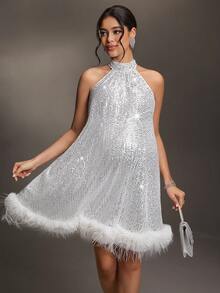 Cheriluna Maternity Maternity Photoshoot V-Neck Sleeveless Zipper Back A-Line Sequin Dress - Silver - View 5