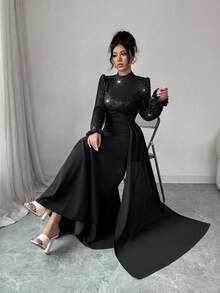 SHEIN Elenzya 女士优雅亮片装饰长袖收腰连衣裙，适合宴会、派对、婚礼宾客、新年、圣诞节等场合。 - 黑色 - 查看 5