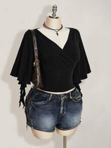 SHEIN ICON Women's Plus Size V-Neck Ruffle Sleeve Black T-Shirt - Black - View 5