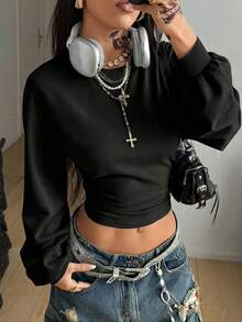 Coolane 休闲简约黑色蓬松面料卫衣，女士长袖收腰卫衣，百搭街头风，适合秋冬季穿着 - 黑色 - 查看 5