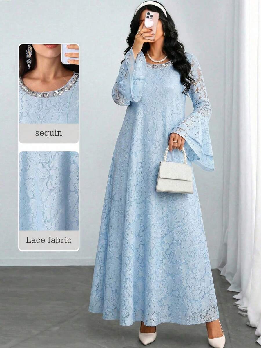 Yasmyna Elegantes Damen Kleid im arabischen Stil mit Spitze, Perlen und Glockenärmeln, Blau, Frühling/Sommer - Blau - Übersicht 1