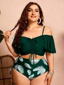 Swim Lushoire 2026新款大码纯色荷叶边系带夏季比基尼吊带背心泳衣大码两件式泳衣大码泳装上衣大码露脐上衣泳衣大码高腰比基尼大码荷叶边泳衣 - 綠色 - 查看 1