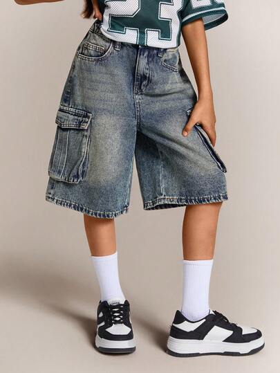 Radiana Vintage Blue Loose Denim Shorts For Tween Girls