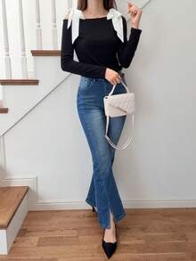 FRIFUL 女士撞色露肩蝴蝶结装饰罗纹修身T恤，春季甜美风 - 黑色 - 查看 2