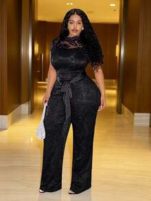 Slaydiva 秋季新款性感约会、生日派对、聚会、宴会、返校、学院风、学生装、日常出行、百搭基础款、休闲、邮轮旅行、爆款、街头风、优雅、通勤、商务休闲黑色纯色蕾丝吊带高领常规连体裤，大码连体裤，情人节穿搭 - 黑色 - 查看 11