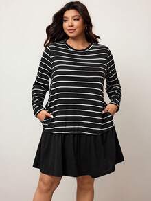 Enliva Plus Size Casual Everyday Striped Round Neck Ruffle Hem Dress, Autumn Dresses For Women, For Apple & Rounded Body Shape - Black and White - View 3