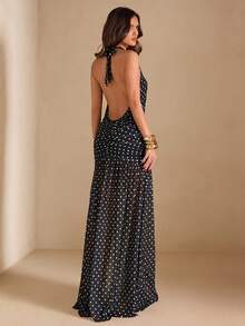 SHEIN BAE 黑色波点露背系带高开衩连衣裙，优雅百搭，适合派对、度假、宴会、婚礼、夜生活、浪漫约会以及春夏穿着。 - 黑色 - 查看 2