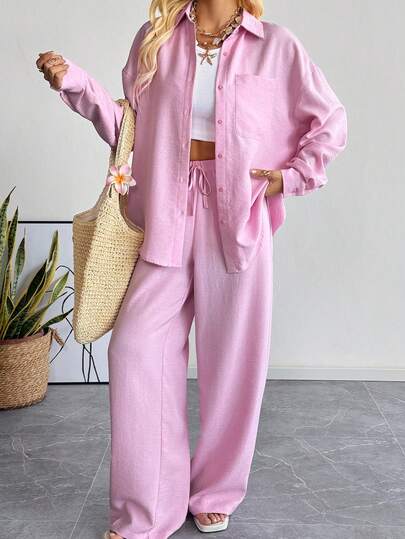 SHEIN EZwear Spring Pink Woven Shirt & Pants Set For Women Pink Two Piece Set Comfortable Two Piece Set