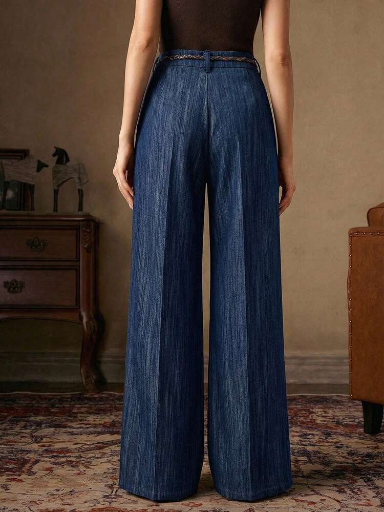 Vintage Chic High-Waisted Textured Fabric Wide-Leg Pants With Woven Belt For Women