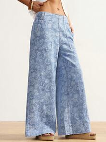 Bohemela Women's Low-Rise, Loose-Fitting, Patterned, Versatile, Casual, Drawstring Waist, Slim-Fit Straight Leg Jeans, Light Blue, Bohemian Style, Casual Vacation, Summer Outfit, Spring Break Outfit, Beach Vacation Wear. - Multicolor - View 4