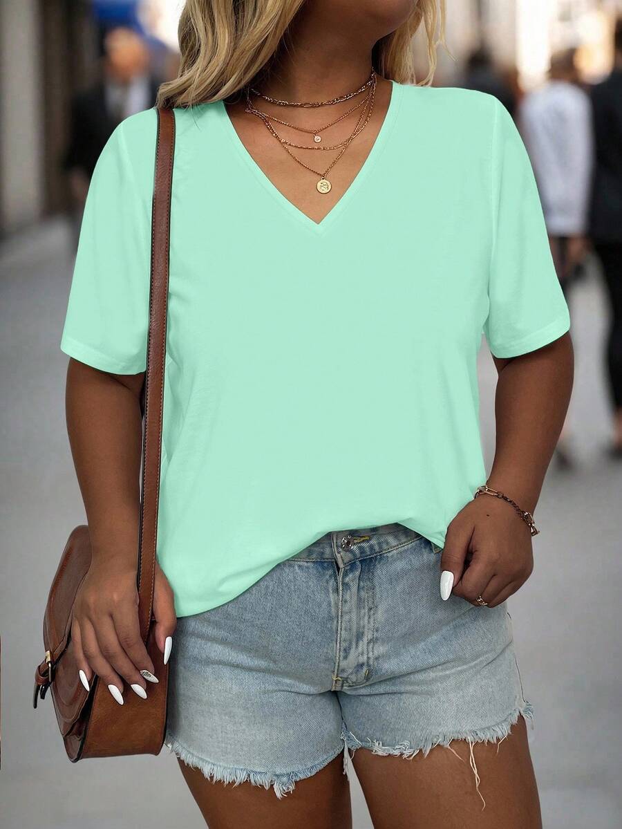 EMERY ROSE 大码女式简约纯色V领短袖休闲T恤 - 青碧色 - 查看 1