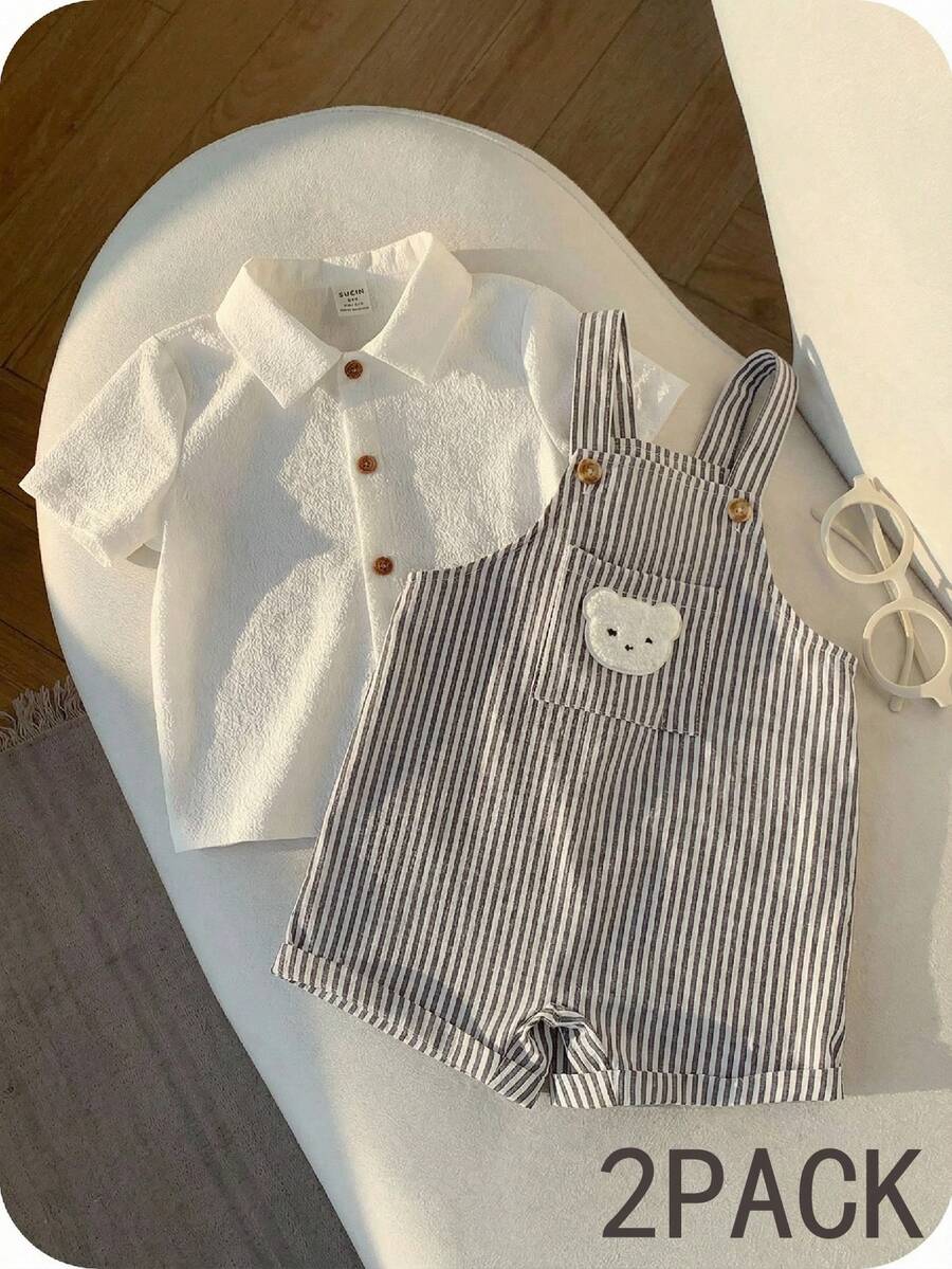 SHEIN 2pcs Set White Summer Casual Family Matching Baby Boy Striped Cartoon Bear Romper Overalls & Short Sleeve Collared Button Shirt Outfit For Birthday - Multicolor - View 1