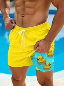 Manfinity RSRT Men's Funny Duck Print Colorblock Lined Milk Silk Beach Shorts, Hawaiian Men Swim Trunks Funny - Yellow - View 1