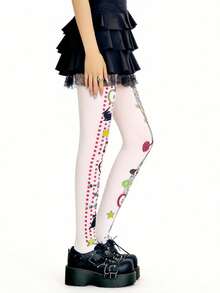 ROMWE Anime 1 双潮清凉甜美凉风音乐符号苹果猫印花长筒袜女式长筒袜连裤袜 - 白色1 - 查看 5