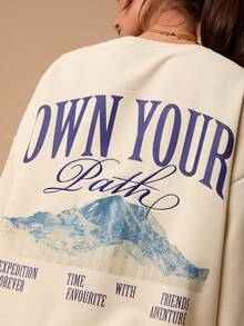 SURIMA 休闲简约印花图案连帽长袖宽松女式卫衣 - 米色 - 查看 5