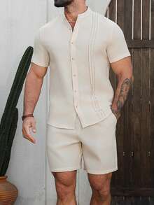 VENTUSAIL Men's Light Beige Summer Casual Beach Holiday Outfit,Mandarin Collar Pleated Short Sleeve Henley Shirt And Shorts Set,2 Piece Linen Set For Men,Nude - Apricot - View 3