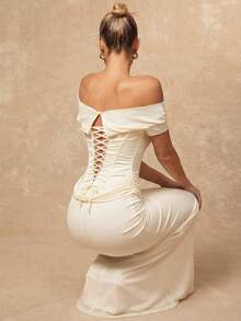 Lumalex 早春露肩网纱拼接缎面腰部鱼尾裙，女士奢华新年新造型，低调奢华，适合舞会、聚会、宴会、低调奢华、闪耀节日派对、锐舞音乐节、郊游、度假、户外、婚礼季、宴会、宰牲节、新年派对、派对礼服、露肩正式礼服、象牙色礼服、优雅礼服 - 杏色 - 查看 2