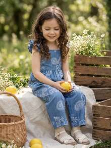 Vintaside Kids 1pc Vintage Casual Slim Fit Unique Cherry Print Jumpsuit, Suitable For Outdoor Summer And School - Blue - View 7
