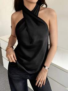 Modelyn 女士性感交叉缎面垂褶肩带修身吊带背心 - 黑色 - 查看 5