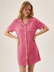 Loomlin Women Button Front With Contrast Colour Detail Homewear Lounge Pajama Dress - Pink - View 4