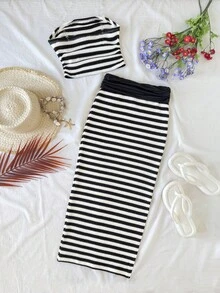 SHEIN Tween Girls Striped Bandeau Top And Mini Skirt Set, Fashionable For Vacation, Party And Outings Vacation Two Piece Set Striped Crop Top And Skirt Summer Two Piece Set Skirt Two Piece Set Tween Girls Striped Two Piece - Black and White - View 3
