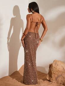 Opulessa 女士亮片吊带上衣和迷你裙泳衣套装，夏季度假 - 棕色 - 查看 2