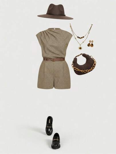 SHEIN MOD Mono de talla grande para mujer con estampado de cuadros, sin mangas y con cinturón marrón