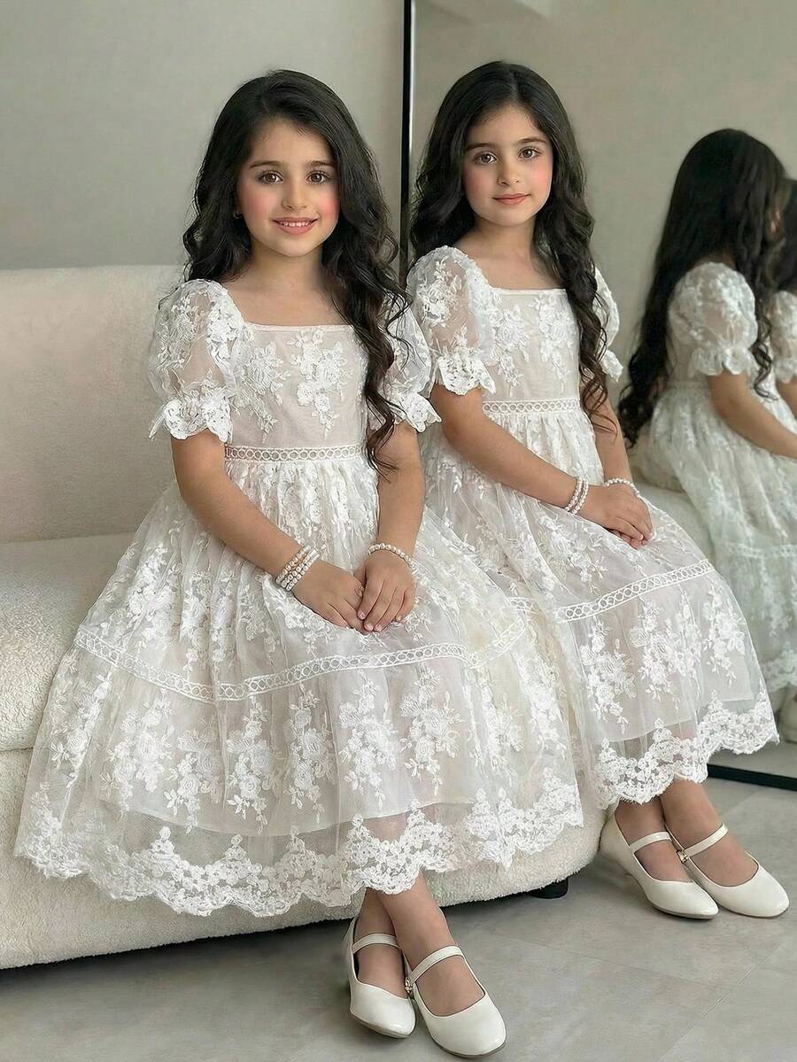 SHEIN Tween Girl Elegant Square Neck Puff Sleeve Lace Midi Dress - White - View 1