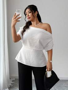 Elenzga Plus Size Women's Elegant Ruched Drawstring Tie Waist Off-Shoulder Blouse, Spring/Summer - White - View 3