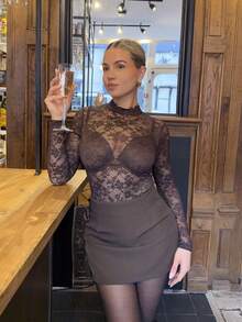 Bethéva Women's Floral Lace Stand Collar Long Sleeve Sexy Bodysuit - Coffee Brown - View 4