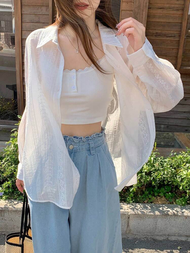 Women's Long Sleeve Embroidered Floral Sheer Casual Loose Blouse Summer